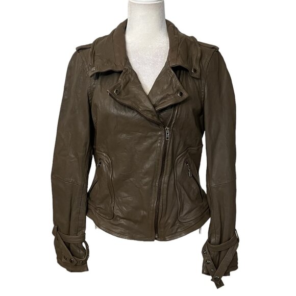 Muubaa Goat Lethar Moto Jacket Brown Green UK 12 US 8 Asymmetrical Zip Belted - Picture 1 of 13
